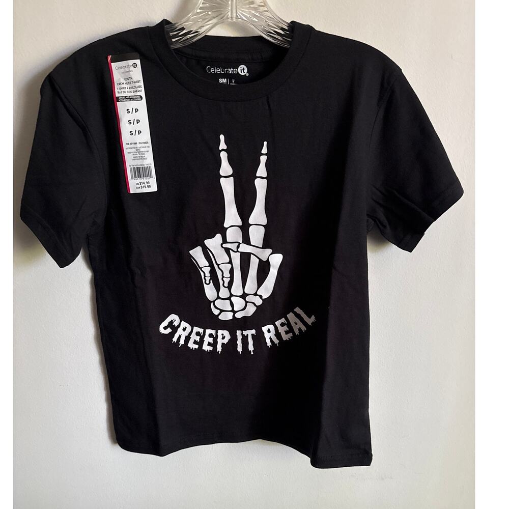 "Creep It Real" Youth Crew Neck Graphic Tee Sz Sm Black Peace Sign 100% Cotton